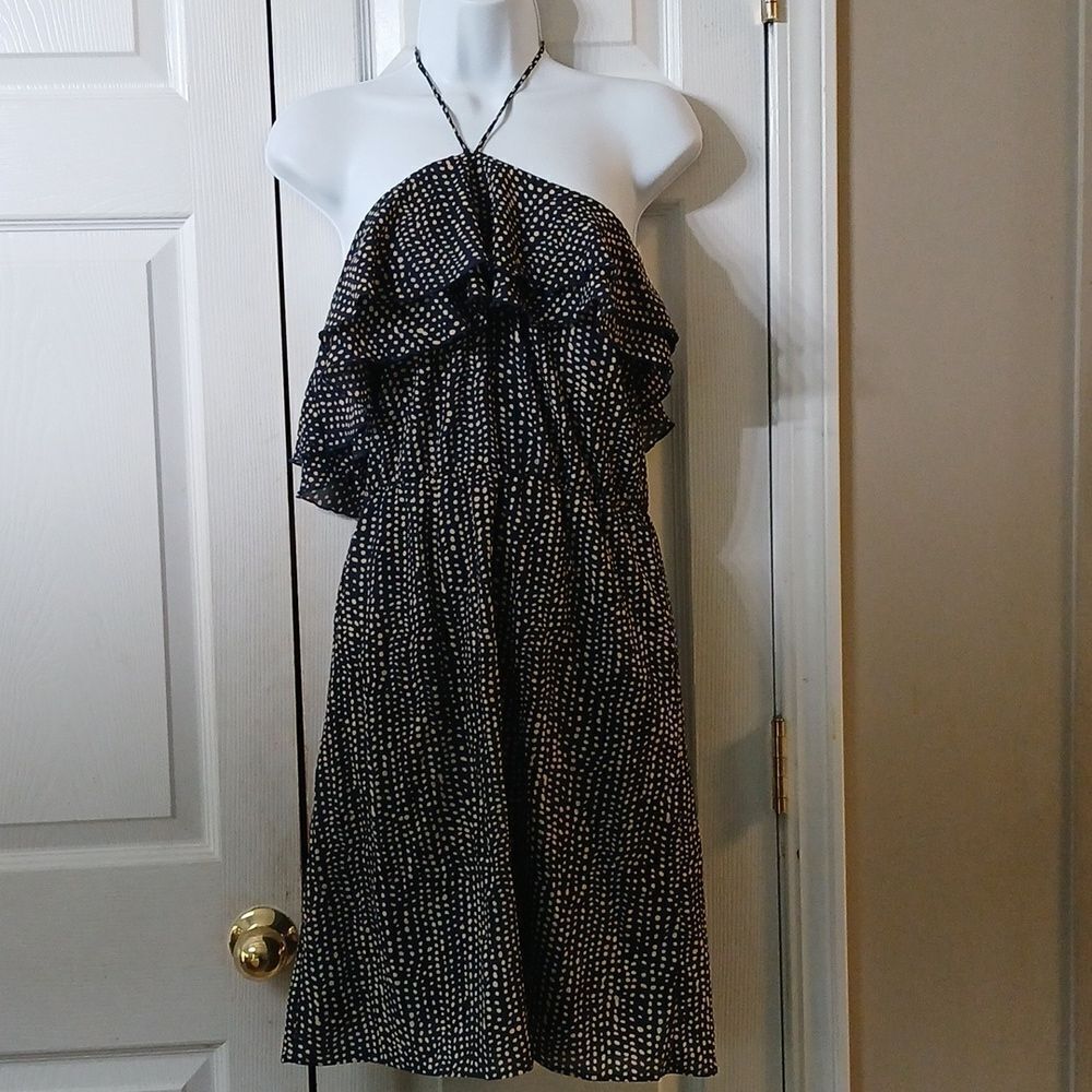 Glam navy tan halter midi dress casual date night   Sz S NWOT